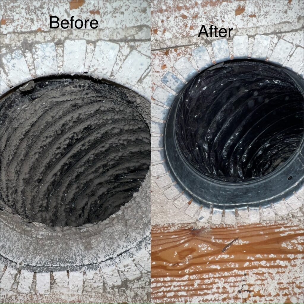 Before and after comparison of air duct cleaning, showing a dirty duct on the left and a clean, polished duct on the right.