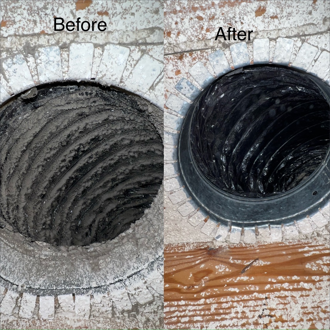Before and after comparison of air duct cleaning, showing a dirty duct on the left and a clean, polished duct on the right.