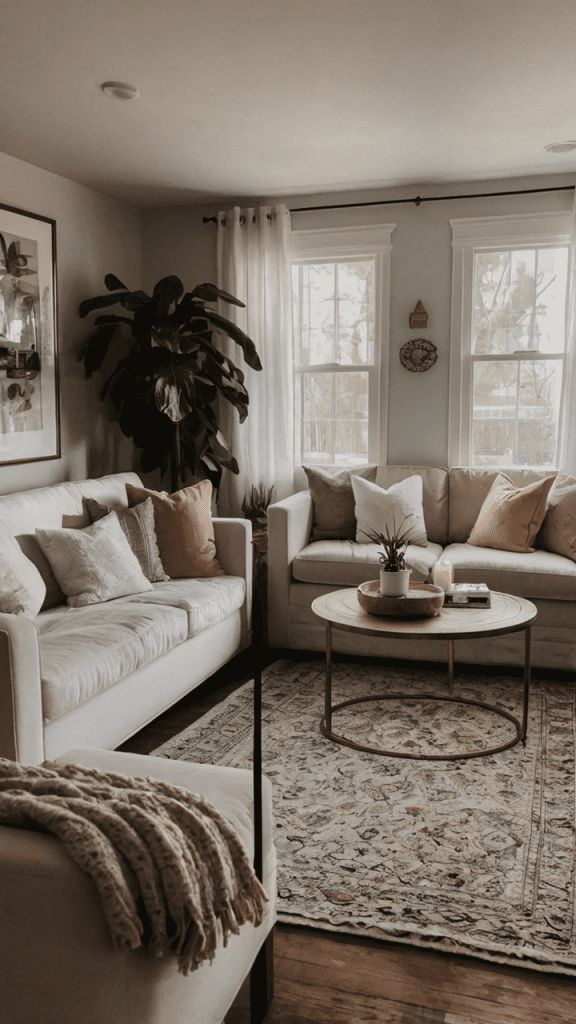 Modern living room with a white curved sectional sofa and a clean cream rug, showcasing a spotless interior after professional rug cleaning