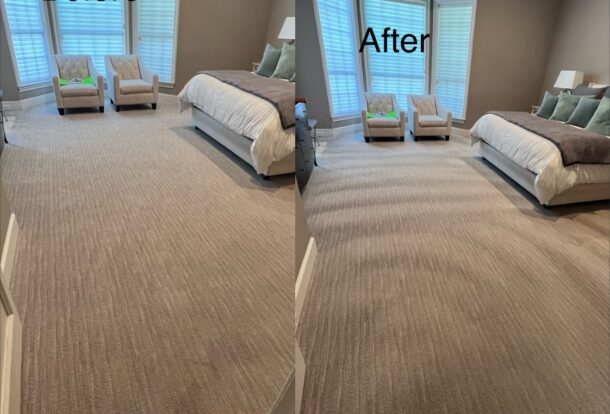 "Before and after carpet cleaning in a bedroom, showing restored cleanliness and refreshed carpet fibers."