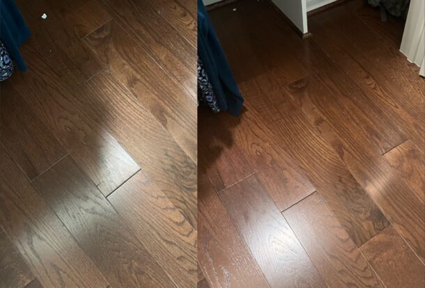 Before and after comparison of hardwood floor cleaning, showing a dull, scuffed floor on the left and a shiny, polished floor on the right.
