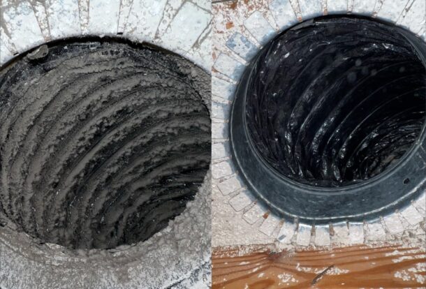 Before and after comparison of air duct cleaning, showing a dirty duct on the left and a clean, polished duct on the right.